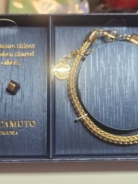Vince Camuto Gold Braided Chain Bracelet with Logo Charm
